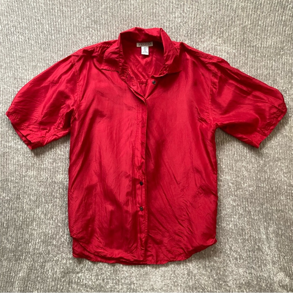 Vintage Express Silk Shirt XS Red Short Sleeve Button Up 100% Pure Silk
